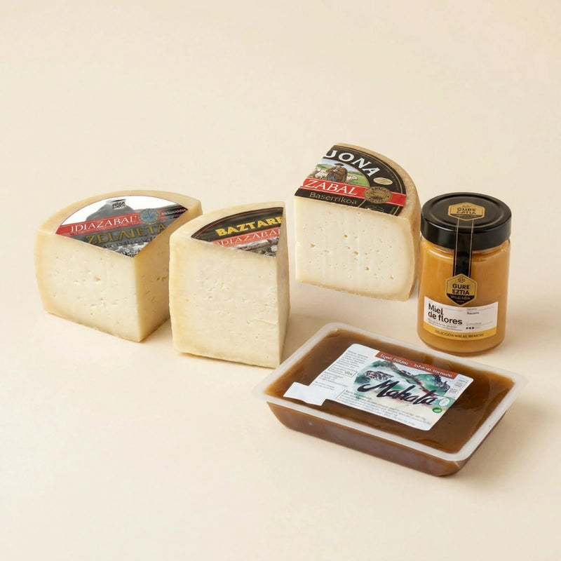 Regalo gourmet HIRU con tres quesos Idiazabal, miel y dulce de manzana