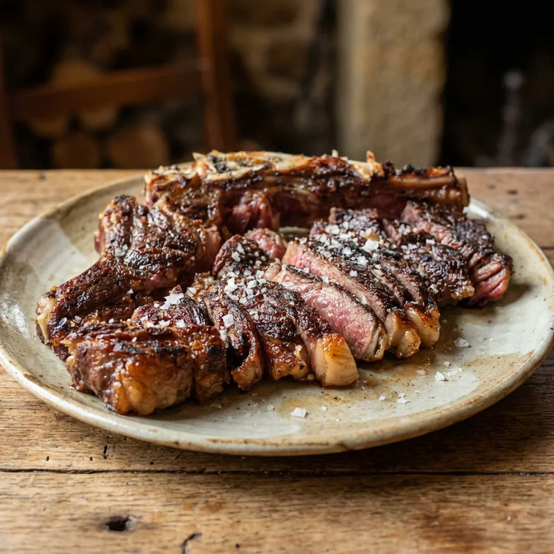 Carne de vaca madurada con textura firme y jugosa
