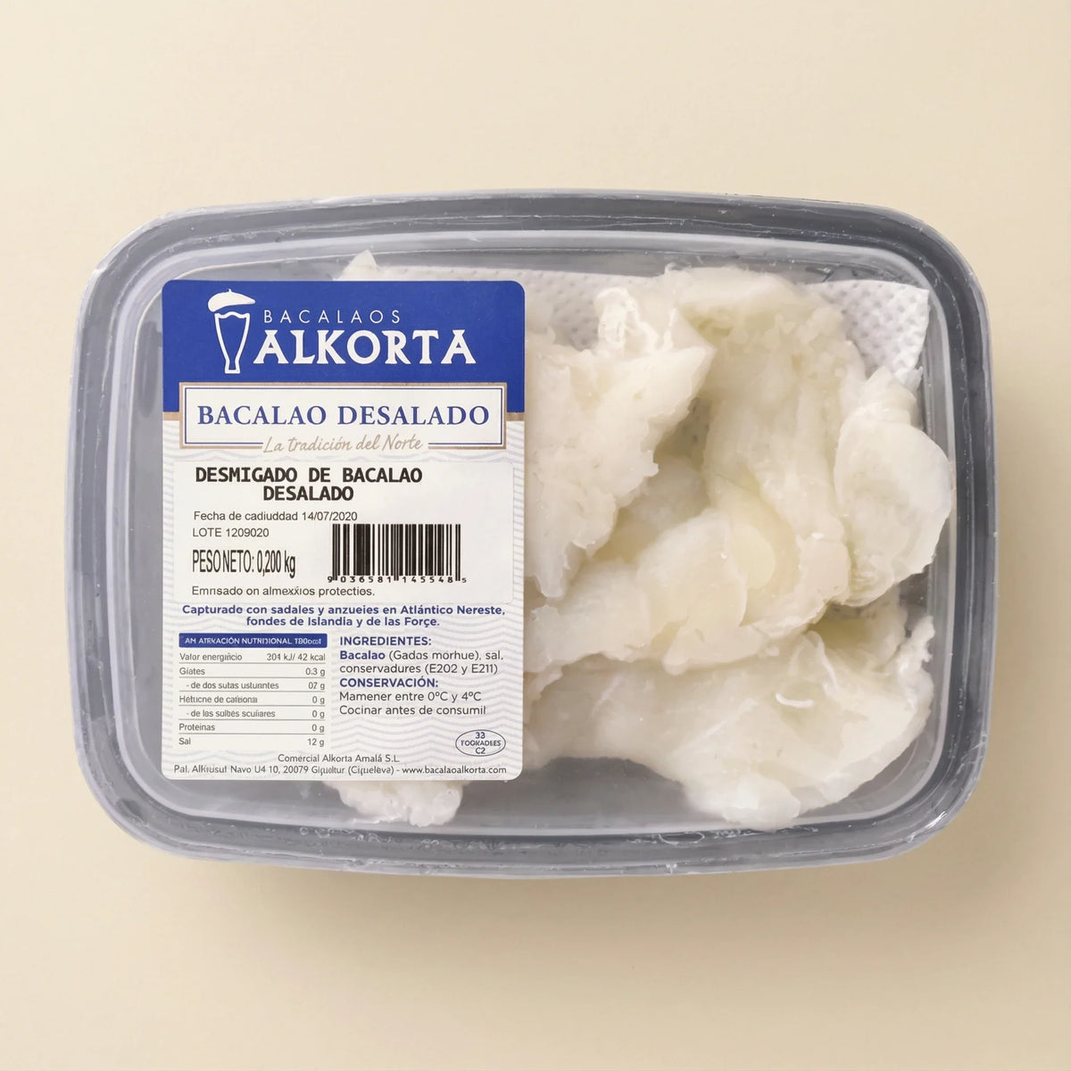 Bacalao desalado desmigado Alkorta listo para cocinar y en su punto de sal