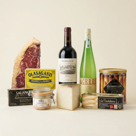 Cesta gourmet premium con foie gras, chuleta y vino Rioja Reserva
