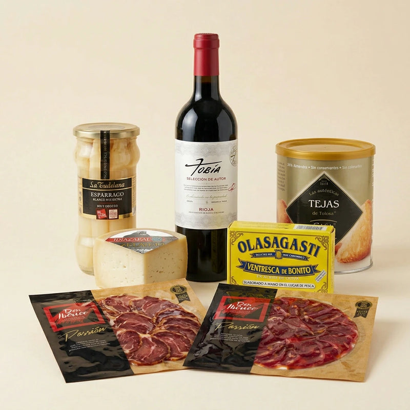 Regalo gourmet premium ELKARTU con Idiazabal, ibéricos, conservas y Rioja