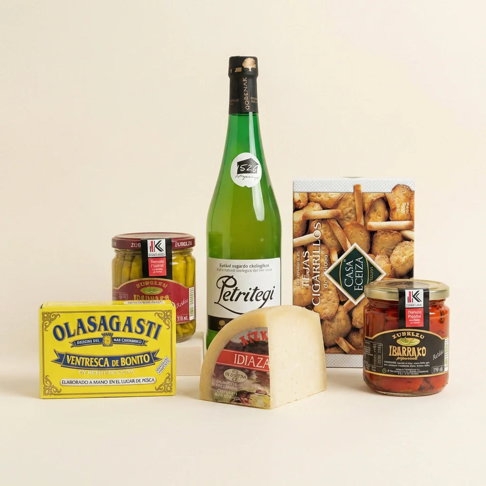 Cesta gourmet vasca con queso Idiazabal, ventresca y sidra natural