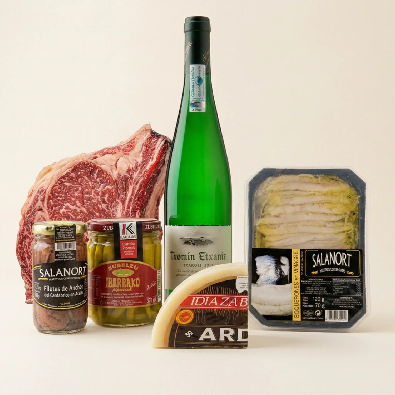 Pack gourmet vasco con txakoli, anchoas y queso Idiazabal artesanal