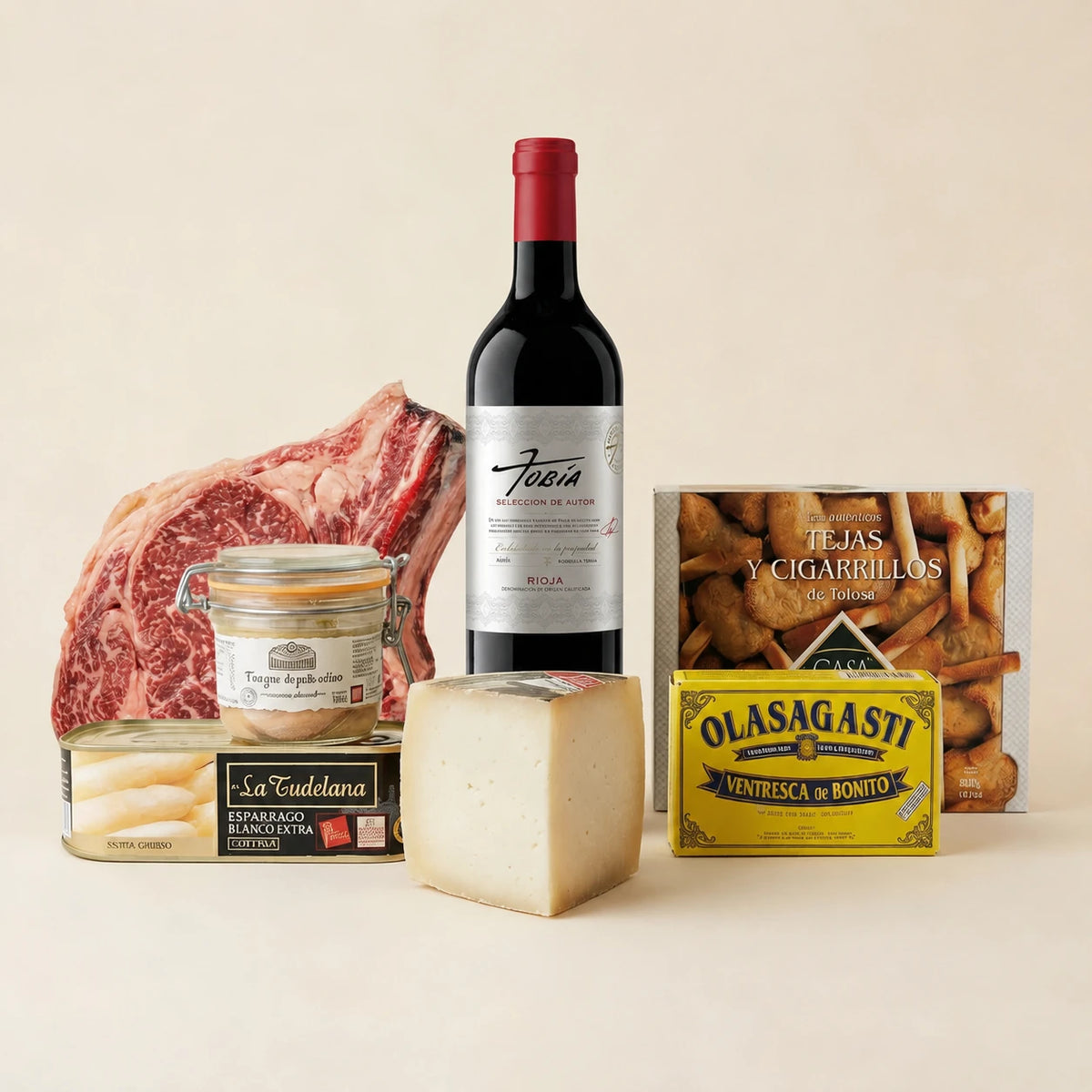 Regalo Gran detalle gourmet con chuletón, queso Idiazabal, foie, conservas, dulces y vino tinto